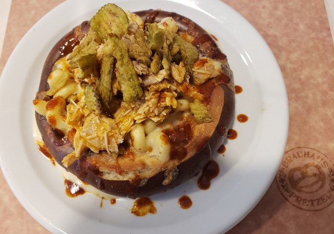 Soft pretzel with Mac and Cheese and Pulled Pork